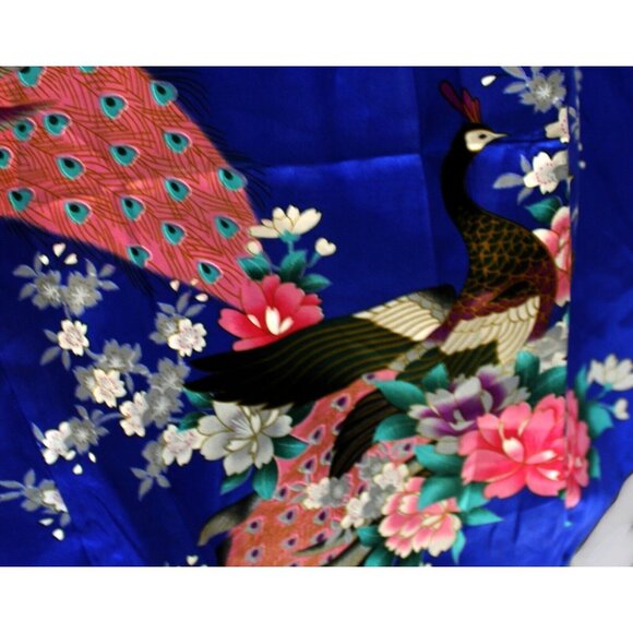 Blue Satin Japanese Kimono Style Floral Peacock Womens M Short Tie Robe - Picture 2 of 12